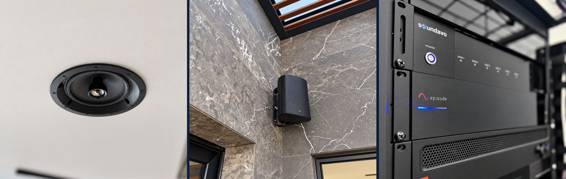 Bocina empotrada en plafón, bocina exterior en muro de mármol y rack de amplificadores multizona