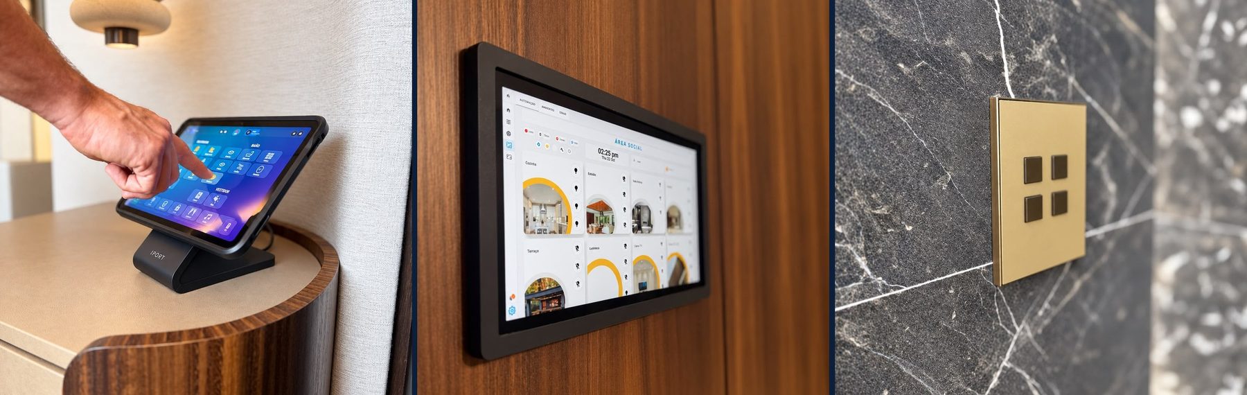 iPad en base iPort, panel táctil de automatización en muro de madera y botonera dorada en mármol