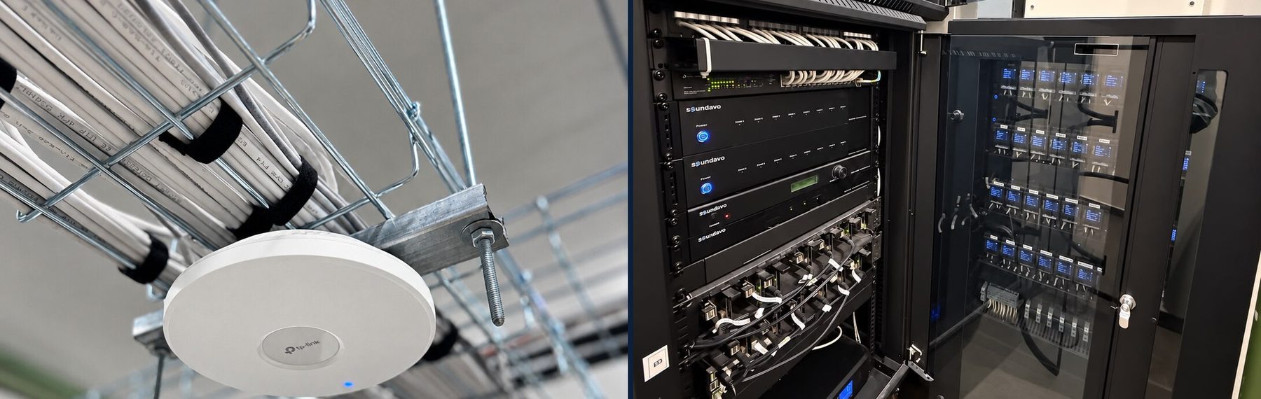 Access point WiFi en charola de cableado y racks de red, audio y automatización en cuarto técnico