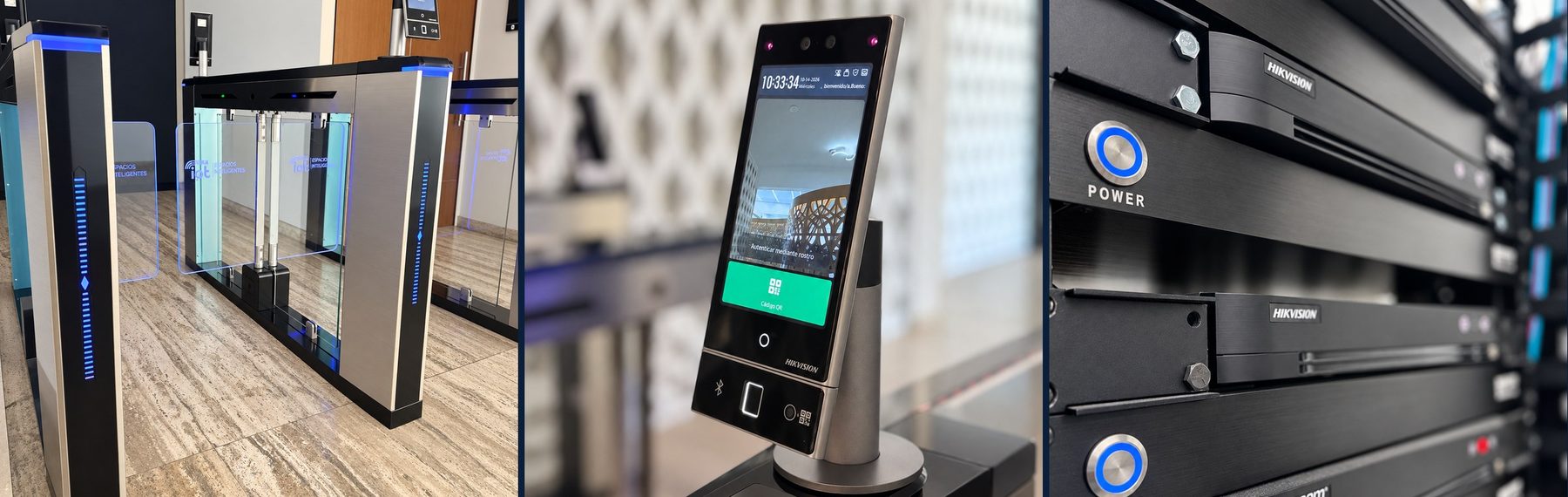 Torniquetes con logo Extra IoT, terminal de reconocimiento facial Hikvision y rack de grabación de CCTV